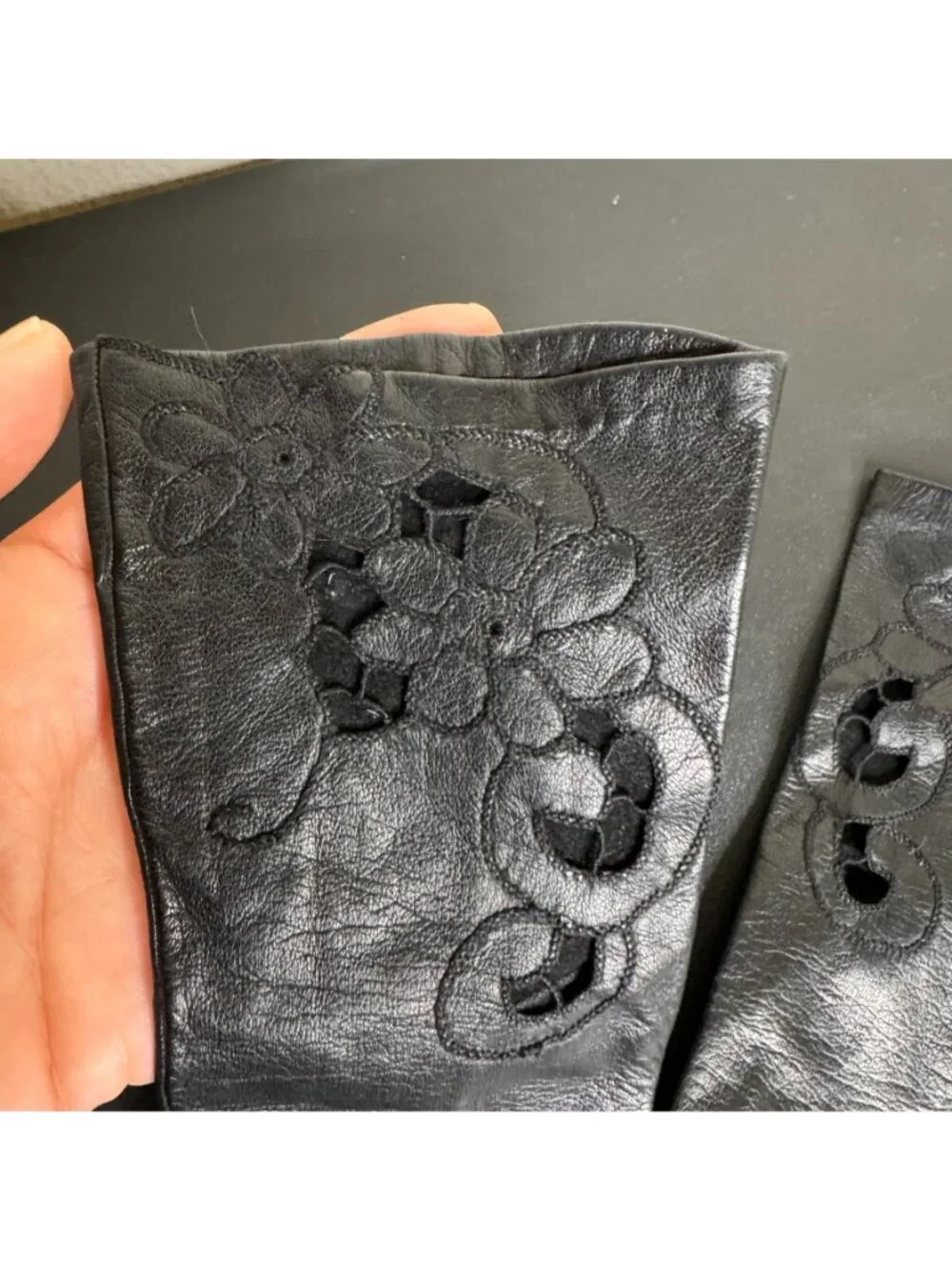 Vintage Black Cutwork Faux-Leather Gloves, Sheer Floral Cutouts